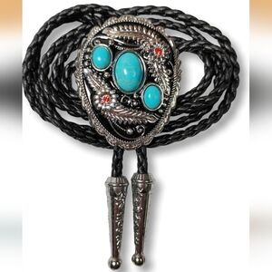 Beautiful Western Native Red And Turqouise Color Leather bolo tie